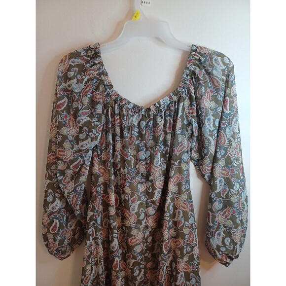 Lucca Floral Paisley Mini Dress M Green Balloon Sleeve Sheer Lined Boho Peasant - Picture 9 of 9